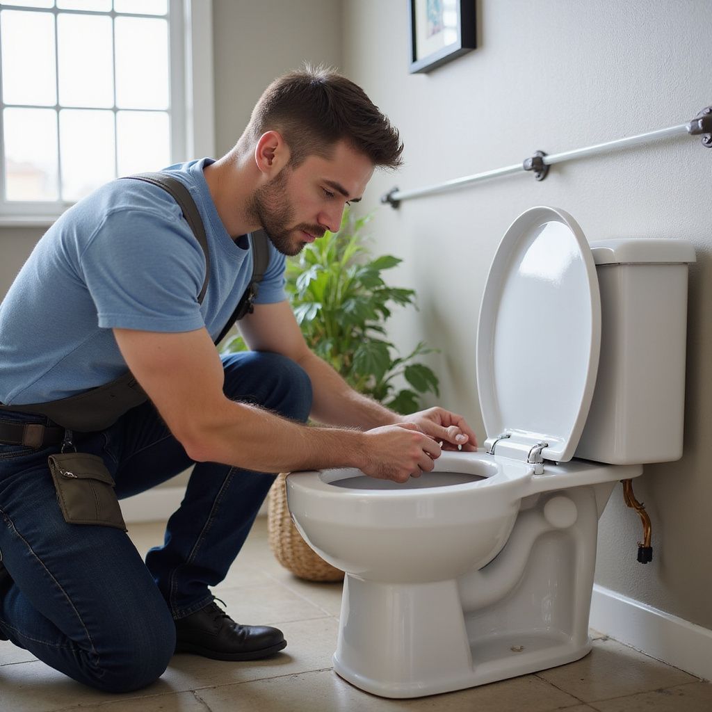 A person kneels, repairing a toilet in a bathroom. They are wearing a tool belt and blue shirt.
