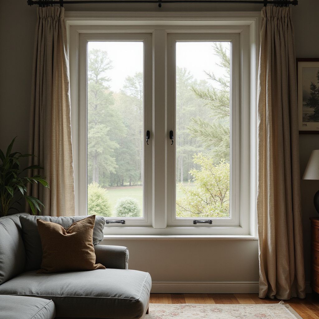 Living room with large window, beige curtains, gray sofa, brown pillow, and a view of trees.