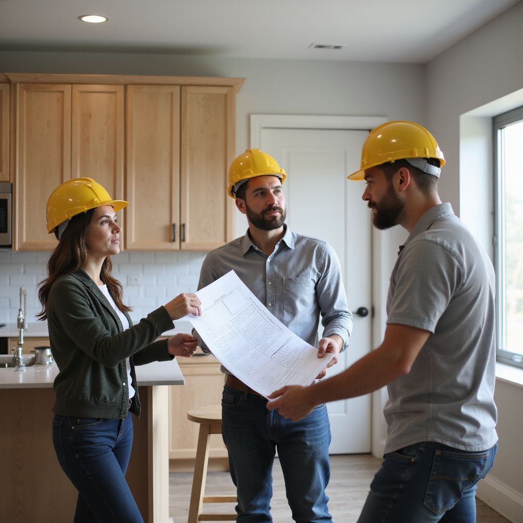 Three people in hard hats reviewing blueprints in a kitchen with wooden cabinets.