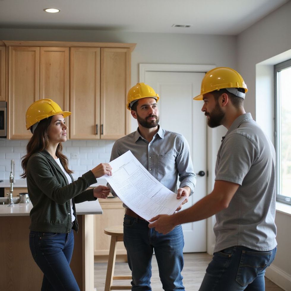 Three people in hard hats reviewing blueprints in a kitchen with wooden cabinets.