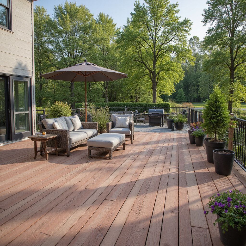 Wooden deck with outdoor furniture, umbrella, and grill, surrounded by potted plants and trees.