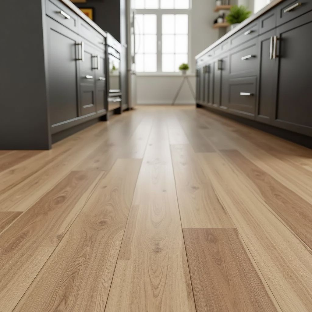 Hardwood floor in a kitchen with dark cabinets, a window, and a plant.