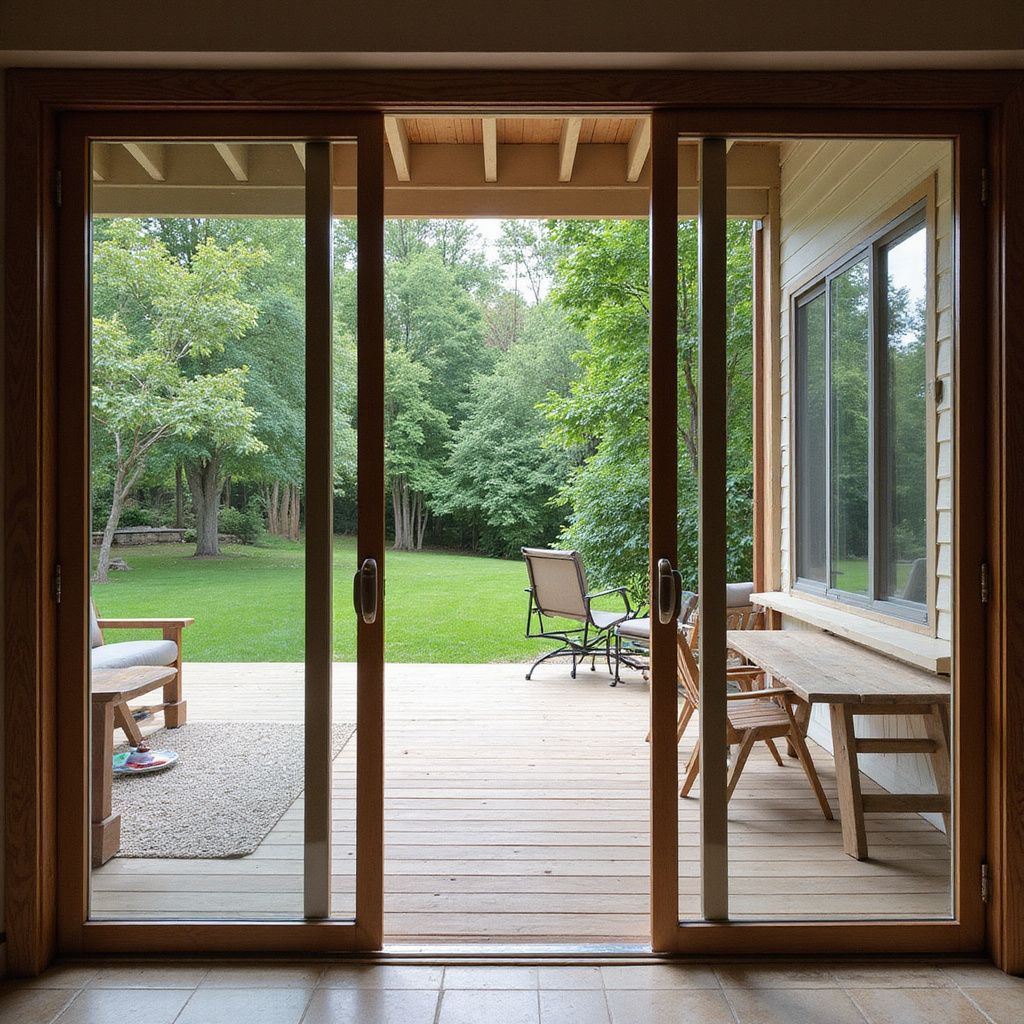 Sliding glass doors open onto a deck with yard, chairs, and trees. Wooden frame, natural light.