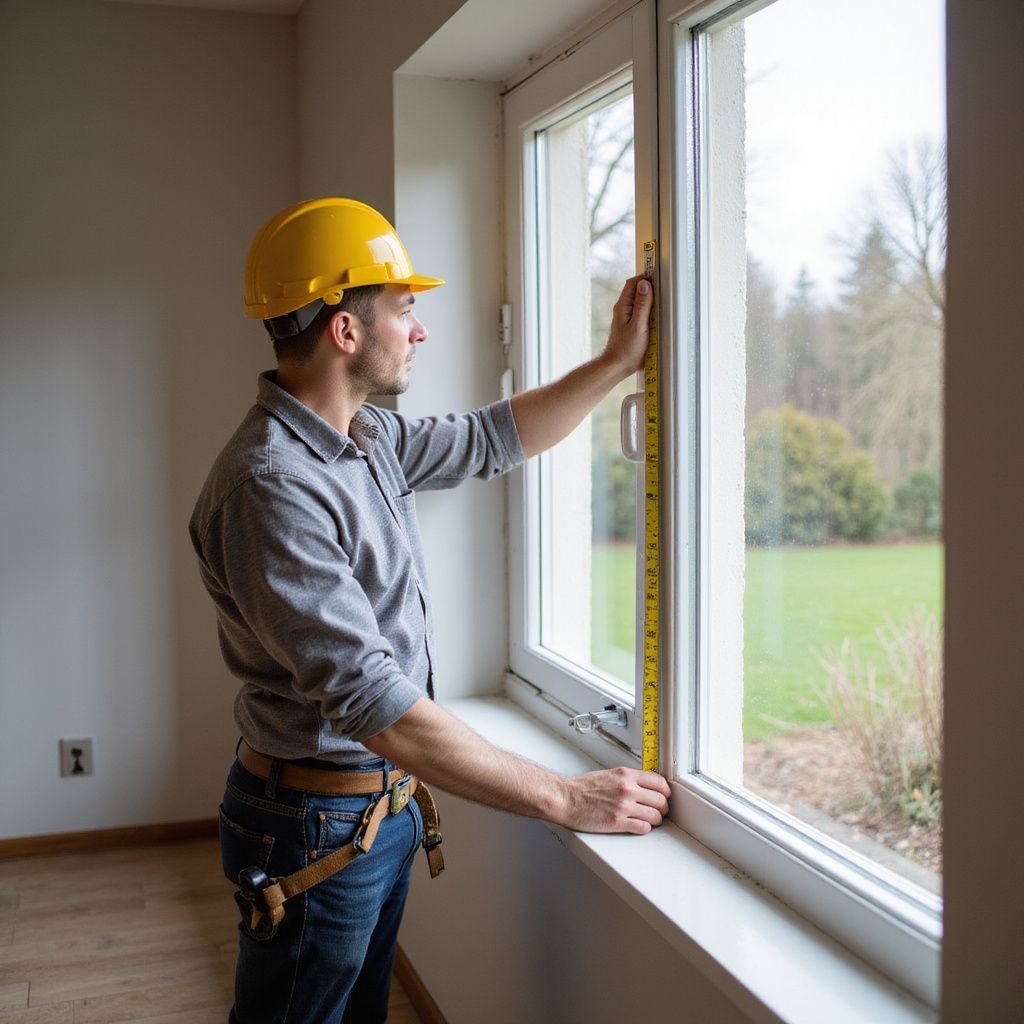 Person in yellow hard hat measuring a window with a tape measure.