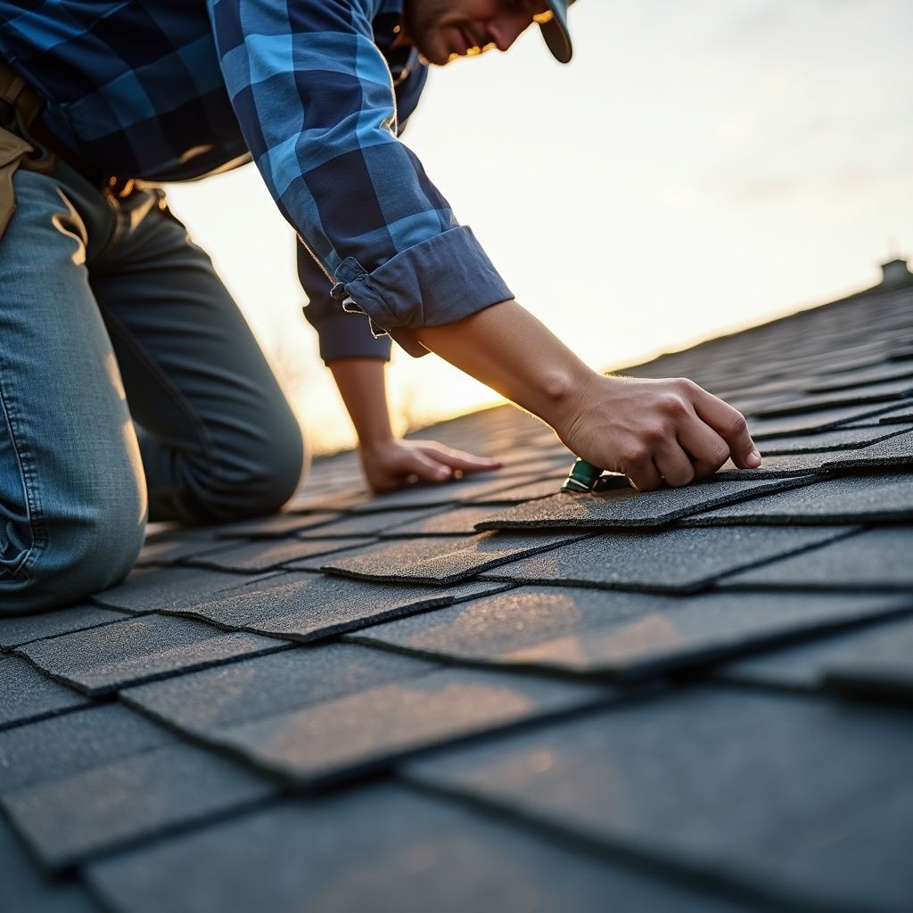 Roofer kneeling on a shingled roof, securing a shingle. Outdoors in the sunlight.