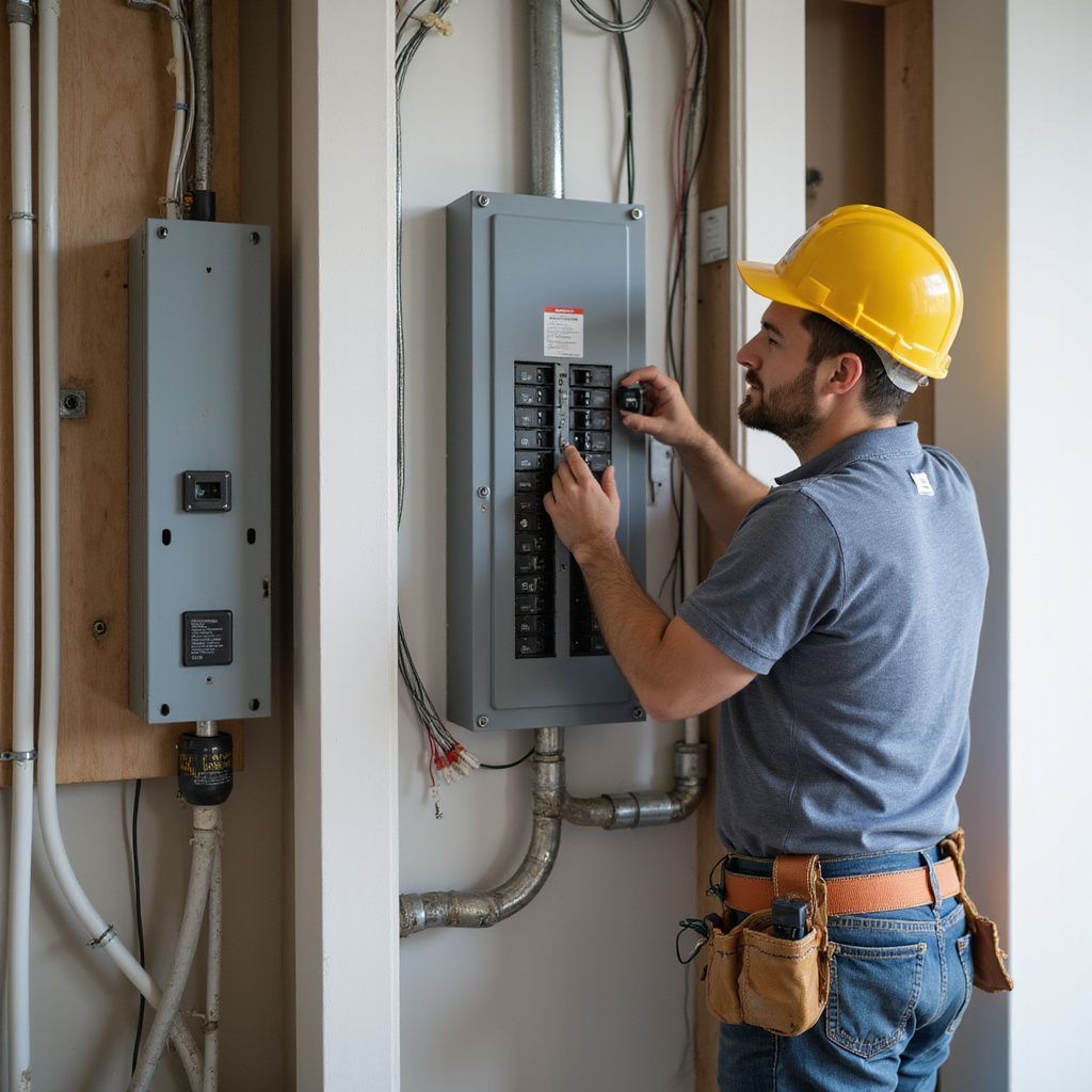 Electrician in a yellow hard hat working on an electrical panel.