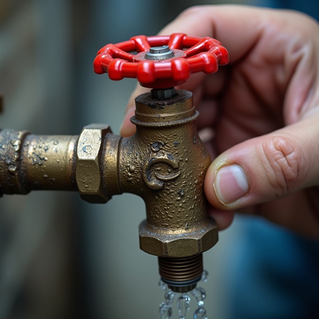 Hand turning a red valve on a bronze faucet; water drips out.