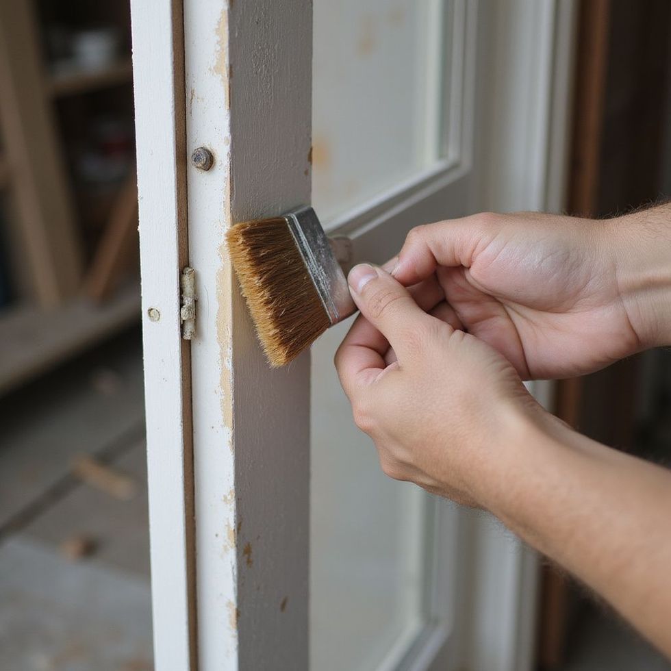 Person using a brush to apply a substance to a white door.