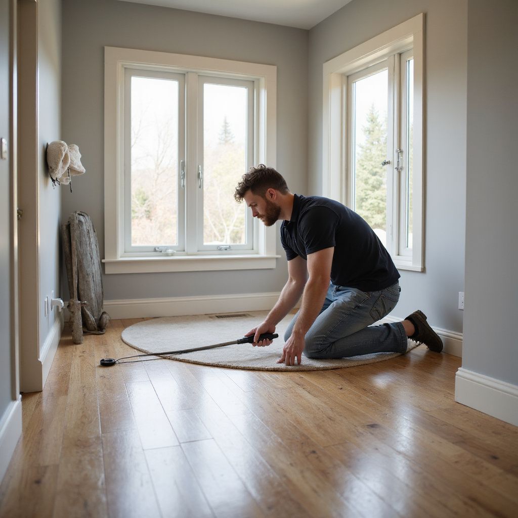 Man on knees vacuuming round rug on wood floor; room with windows.