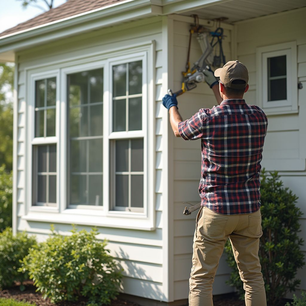 Man in plaid shirt, brown pants, and cap hammering on house siding near a window.