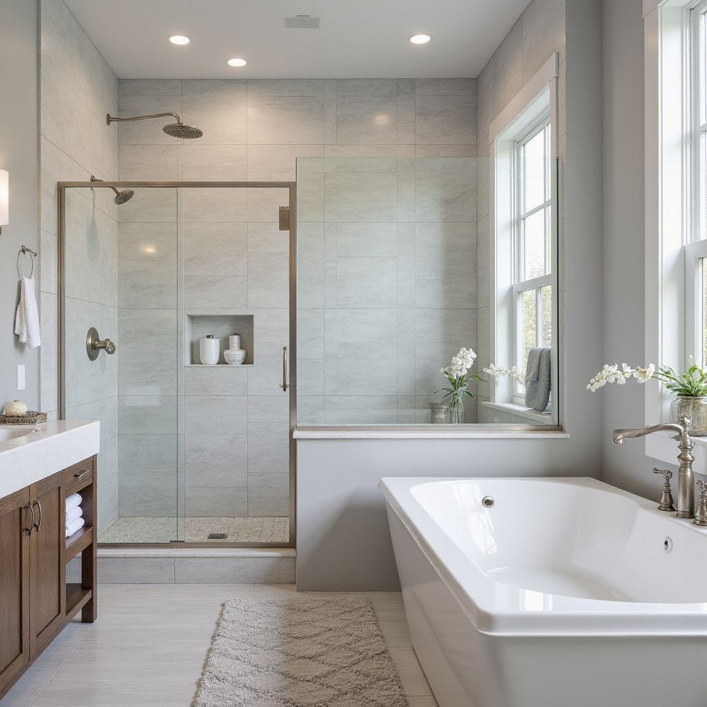 Bathroom with walk-in shower, soaking tub, wood vanity, two windows, and light gray tiled walls.