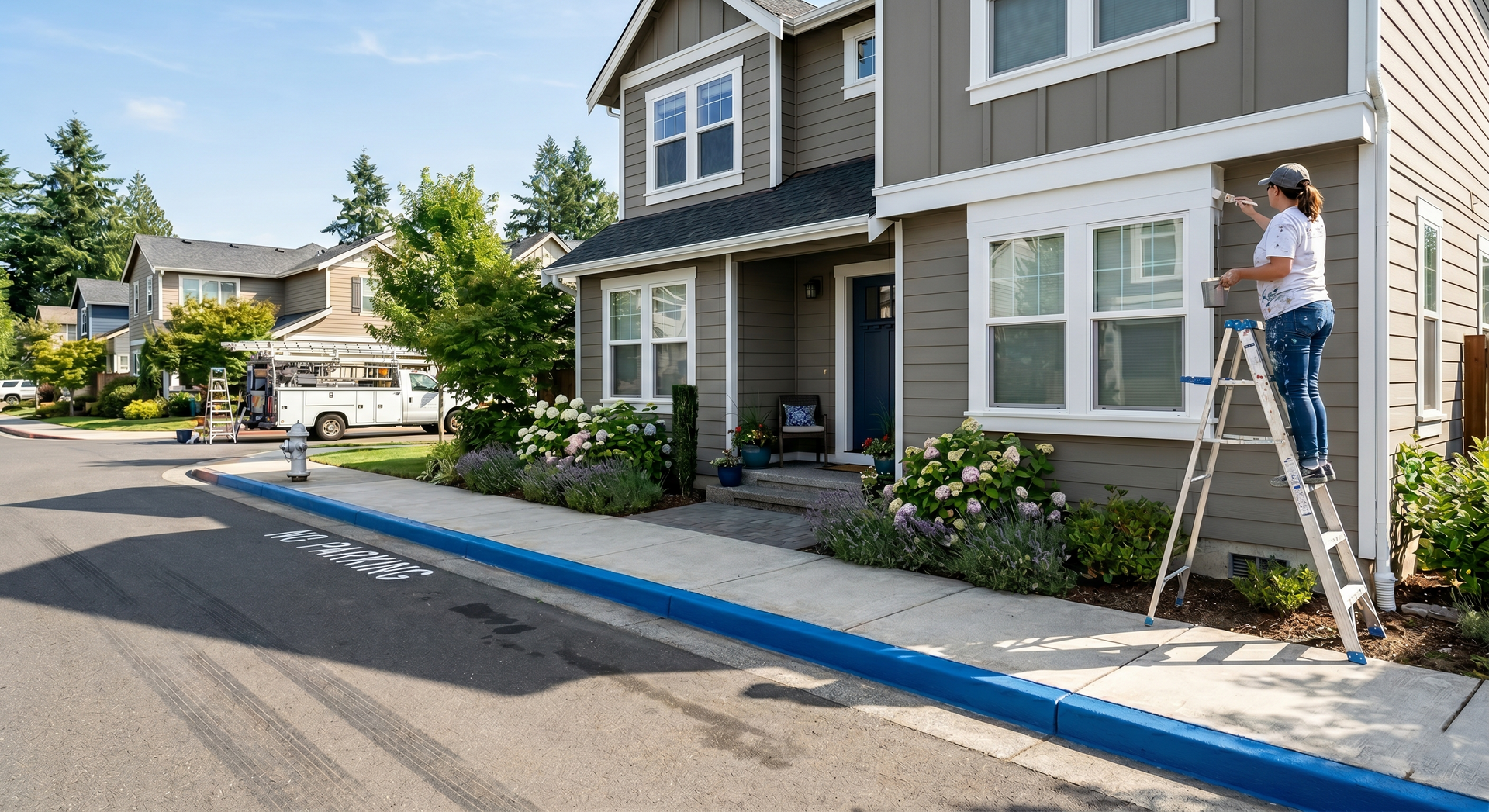 Worker on ladder painting the exterior of a townhouse along a quiet residential street.
