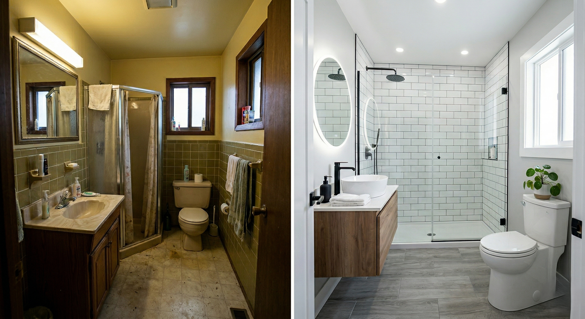 Before and after renovation: a dark, dated bathroom transformed into a bright, modern space with a glass walk-in shower.