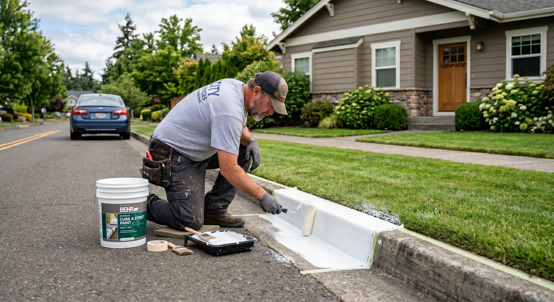 Man painting a white curb along a residential street beside a house