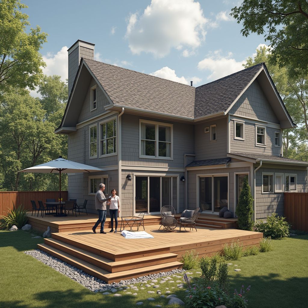 Two-story gray house with a wooden deck. A couple stands on the deck, surrounded by trees and a green lawn.