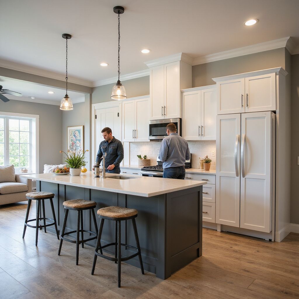 Two people in a modern white kitchen with a gray island, cooking by the stove.