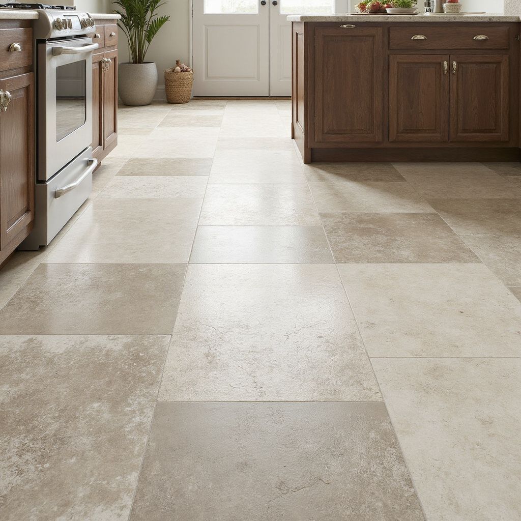 Kitchen with brown cabinets, off-white flooring, and a stainless steel oven.