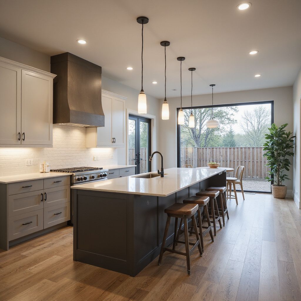 Modern kitchen with gray cabinets, island with stools, and large window.