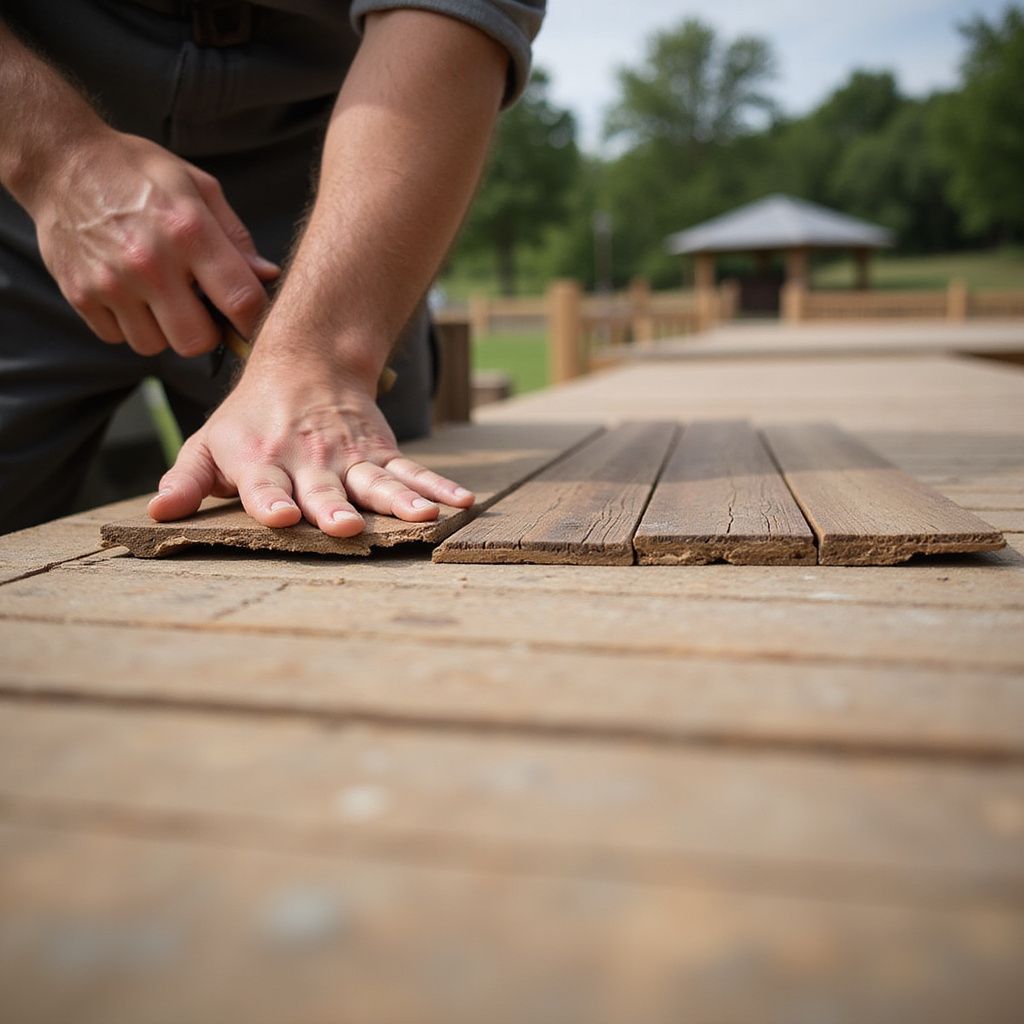 Person placing wooden planks on a deck. Outdoor setting, gazebo visible in background.