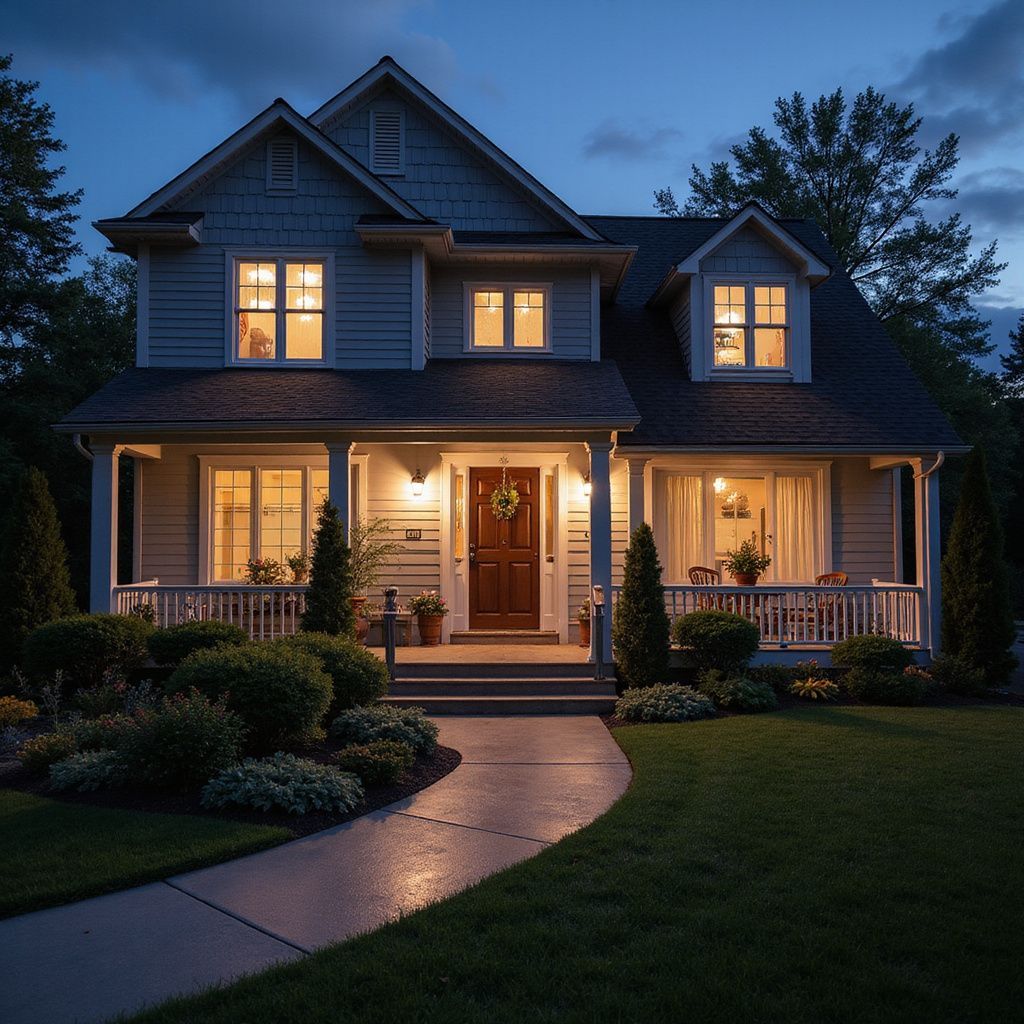 Two-story house at dusk, lit windows, porch with plants, curved walkway through the yard.