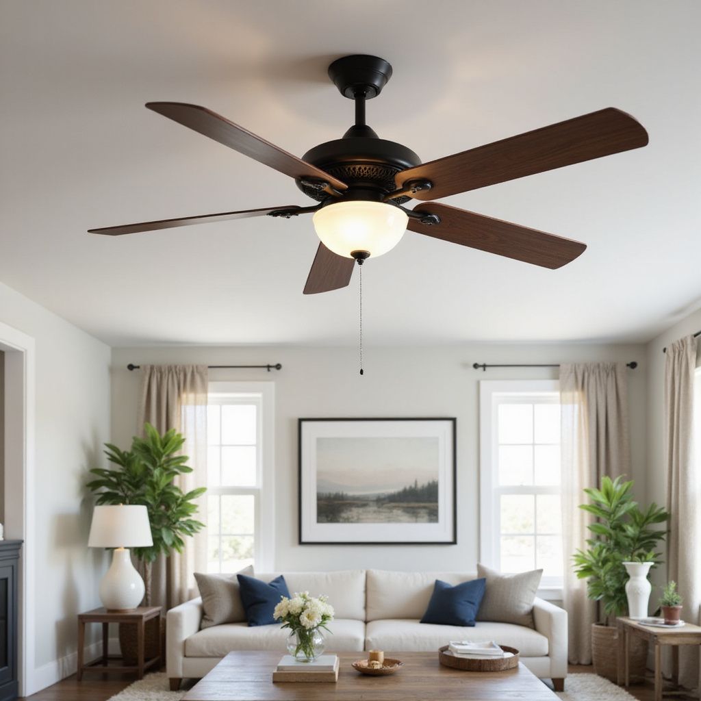 Ceiling fan with five brown blades and a light fixture in a living room.