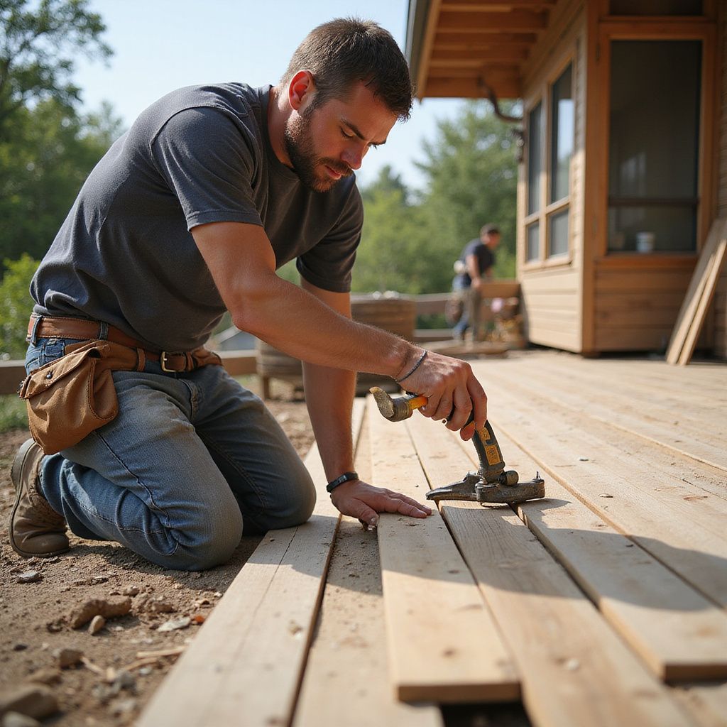Man kneeling on wooden deck, using a hammer to install planks. Outdoor setting, other workers visible.