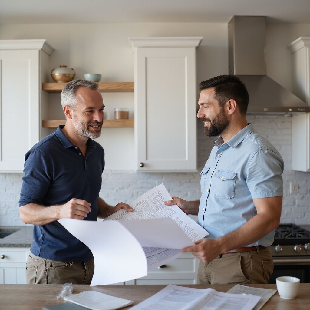 Two men reviewing blueprints in a kitchen with white cabinets, smiling and discussing plans.