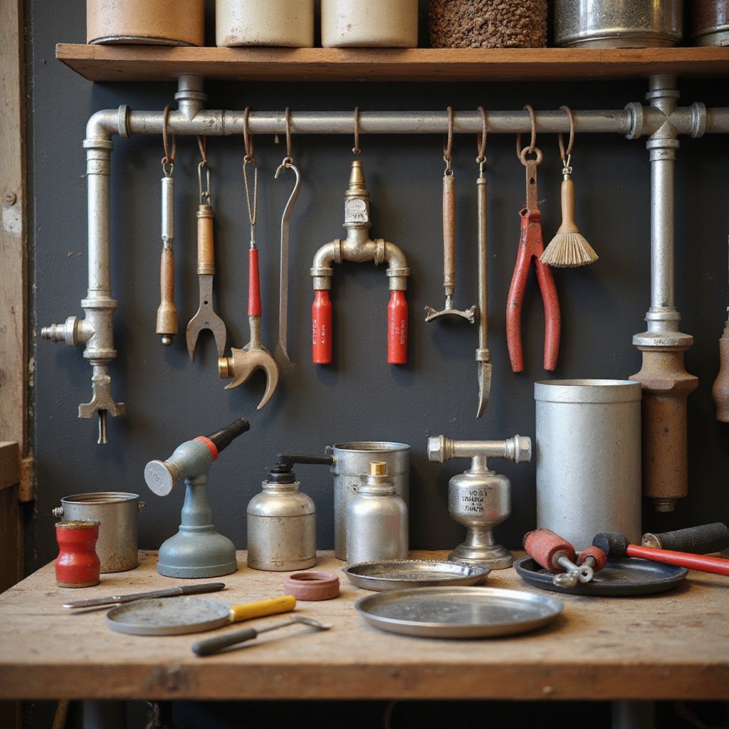 Workbench with tools hanging above; jars on shelf. Tools on table: blowtorch, pliers, metal containers, trays.