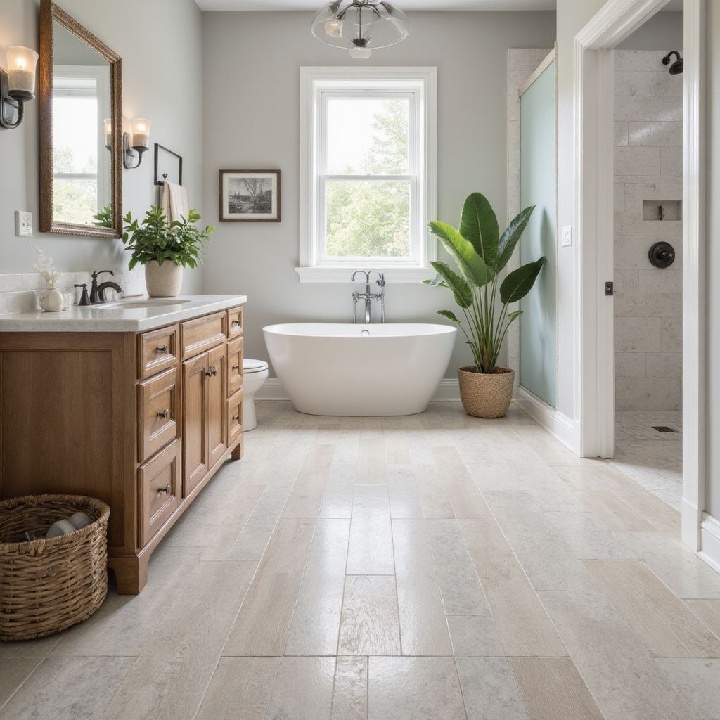 Bathroom with wood vanity, freestanding tub, and light-colored tile floor. A potted plant sits near the tub.