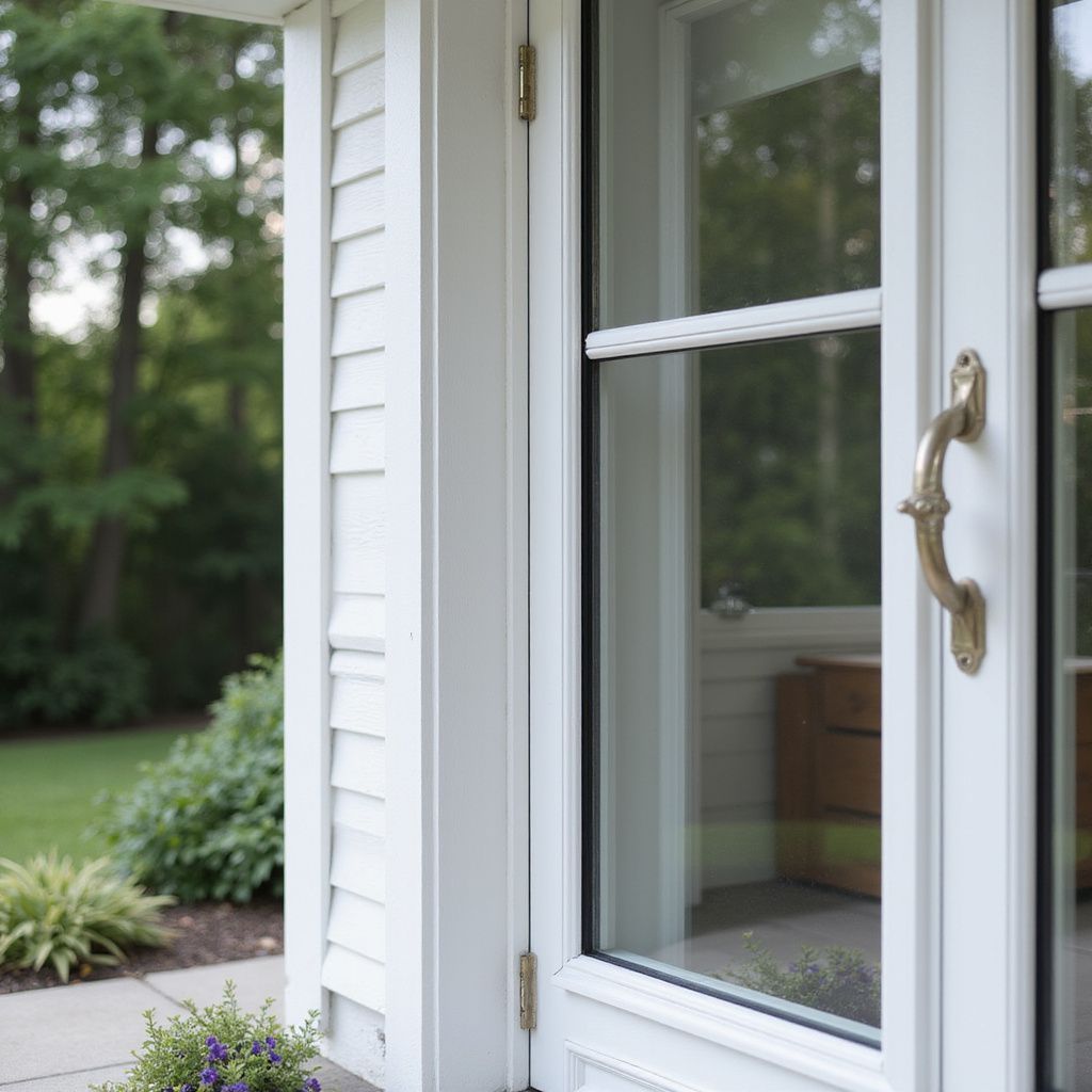 White door with brass handle, glass panel, exterior, and green foliage.