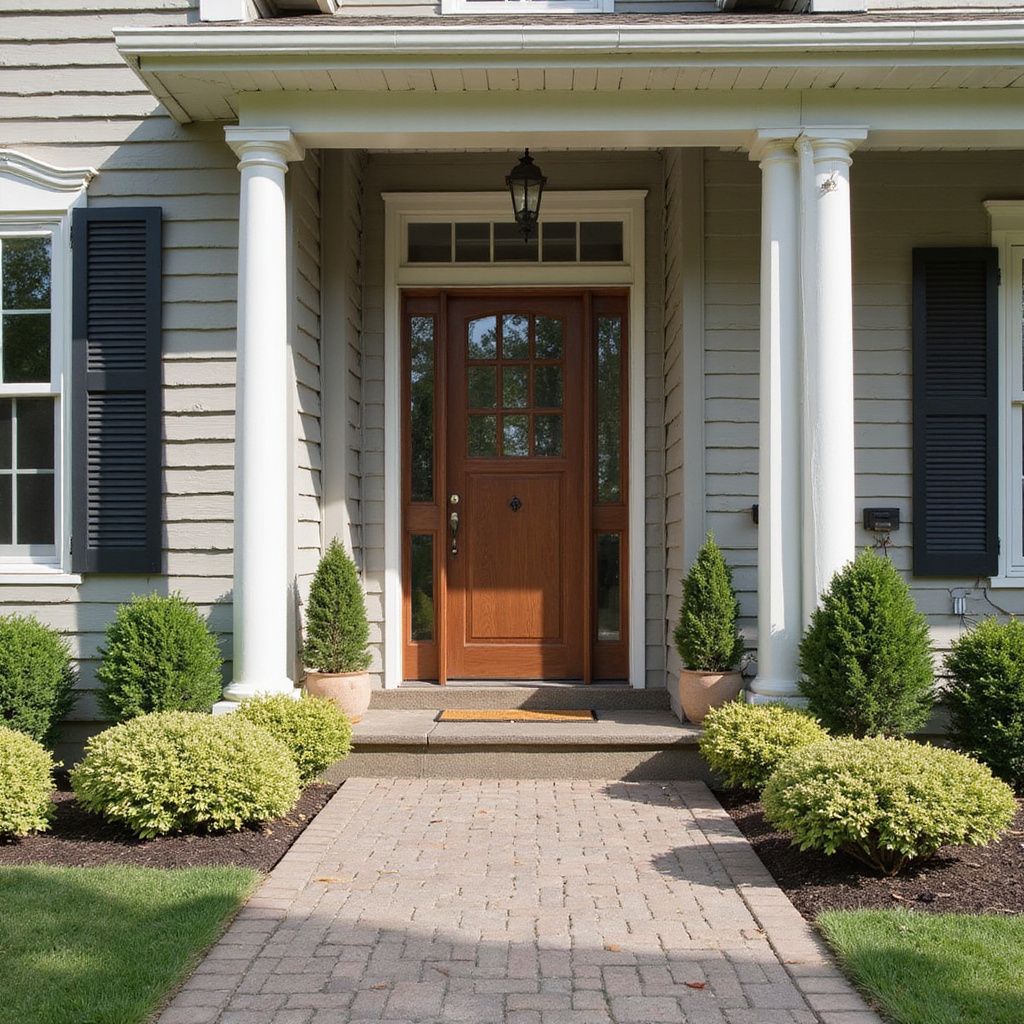 Beige brick path leads to a wooden front door, flanked by bushes and white columns.