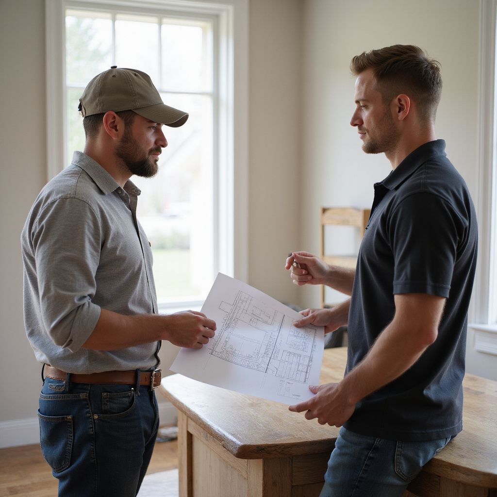 Two men reviewing blueprints indoors. One in a cap, the other holding a pen.