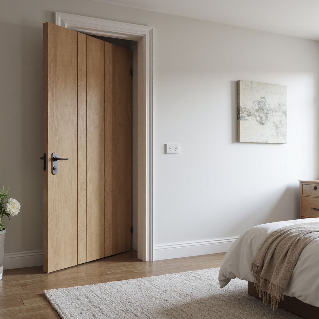 Oak door ajar in a neutral-toned room. Bed with beige blanket, white rug, and wall art.