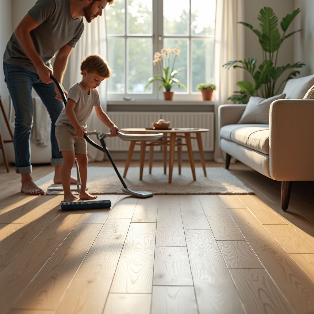 Father and child vacuuming wooden floor in a living room, near a couch, window, and plants.