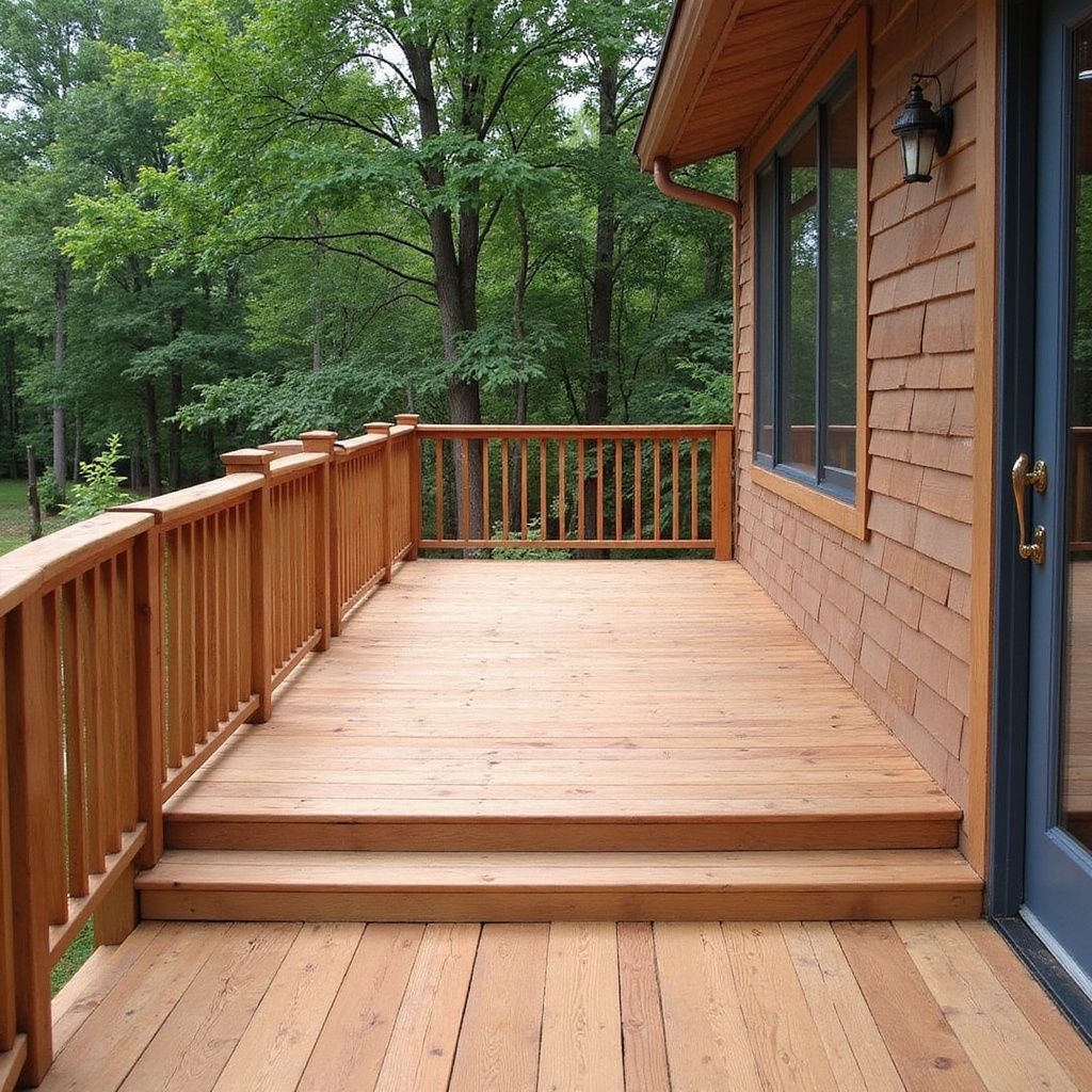 Wooden deck with steps, railing, and door, next to a building with windows, set in a forest.