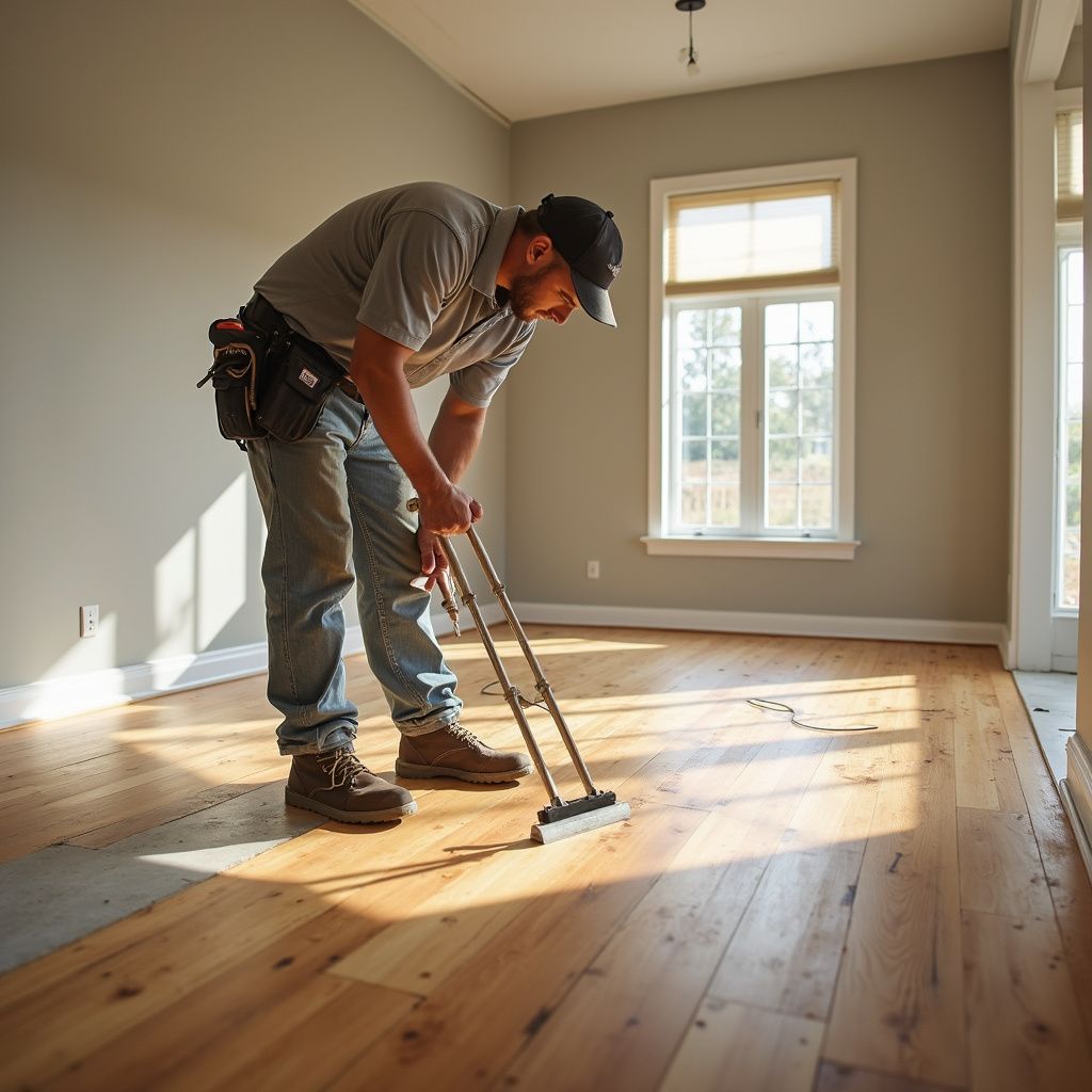 Person cleaning wooden floor with a long-handled tool in a sunlit room.