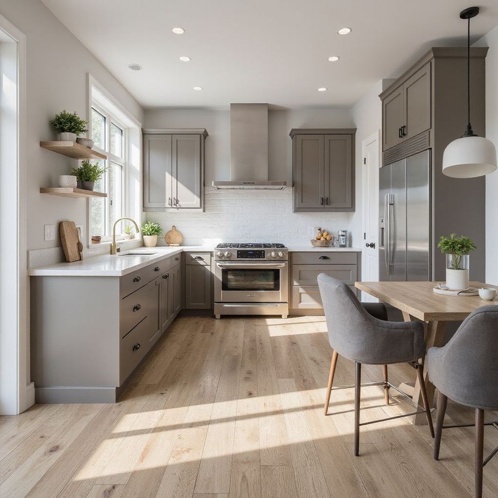 Modern kitchen with gray cabinets, stainless steel appliances, and wooden floors.