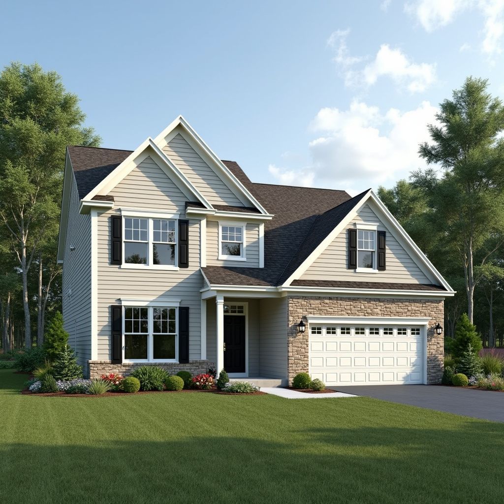 Two-story house with light siding, stone accents, black shutters, and a two-car garage, set on a green lawn.
