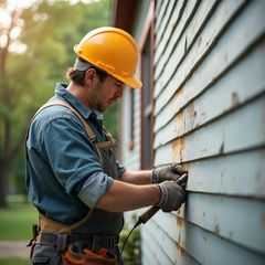 Construction worker repairs weathered siding on a house, wearing a hard hat and gloves.
