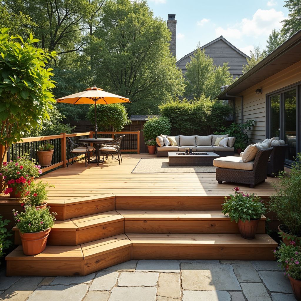 Wooden deck with outdoor furniture, potted plants, and an umbrella, next to a house.