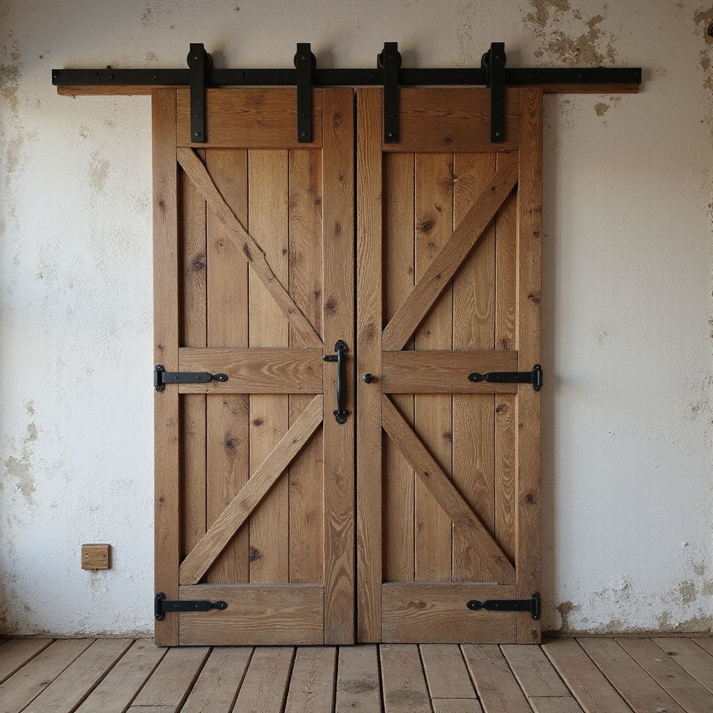Rustic wooden double barn doors with black hardware, mounted on a black sliding rail.