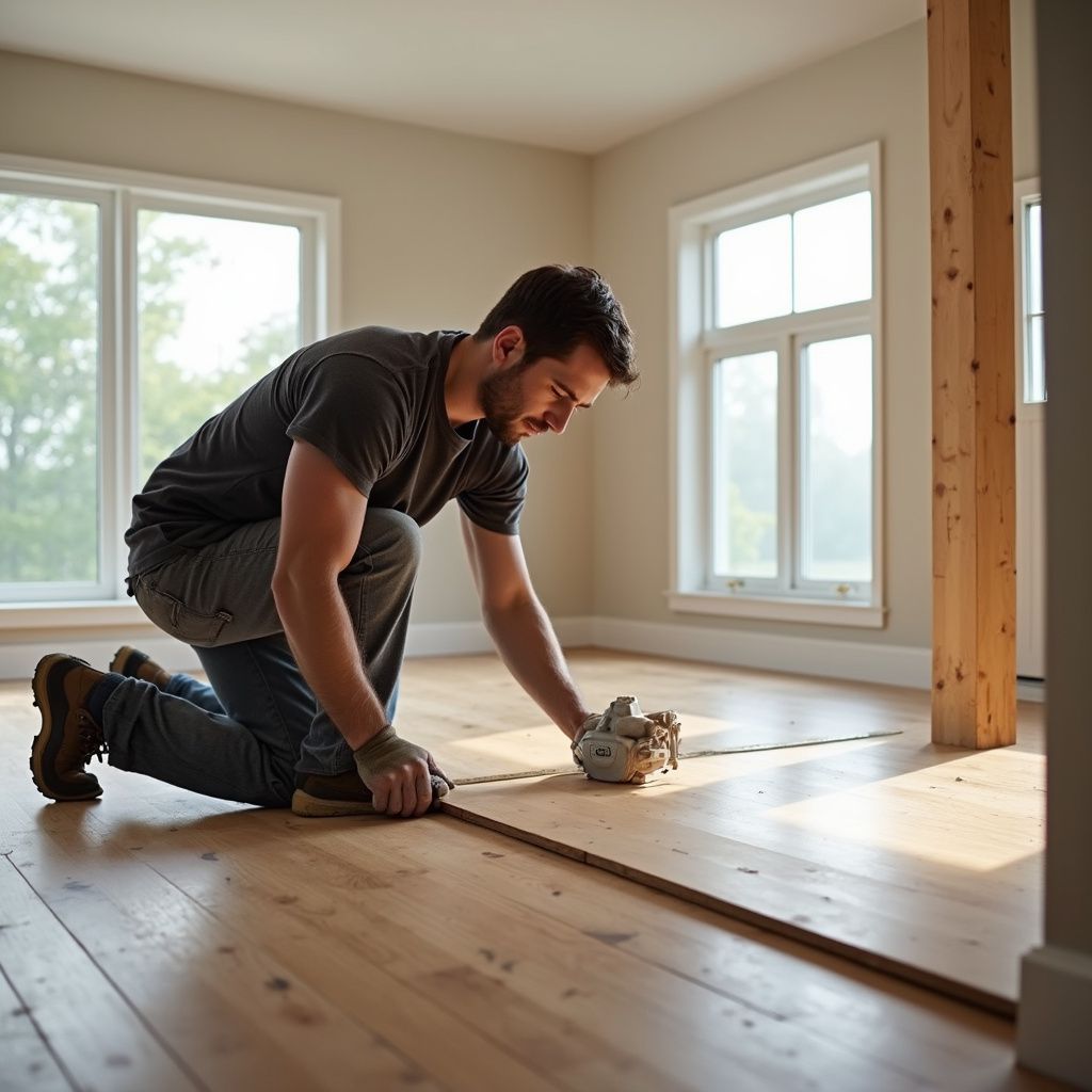 Man kneeling, installing wood flooring in a room with windows and a wooden support beam.