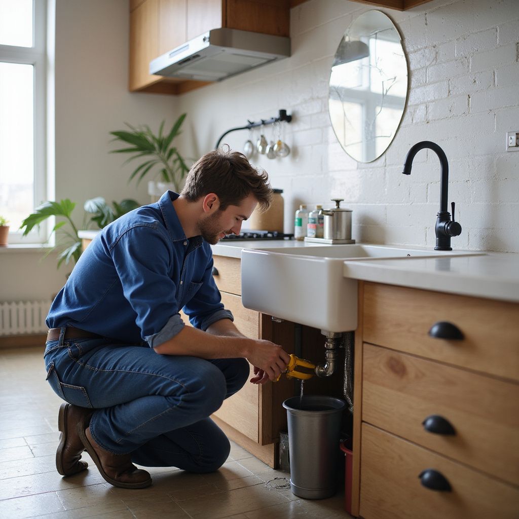 Man kneeling, repairing plumbing under a kitchen sink. Wearing jeans and a blue shirt. Bucket below pipes.