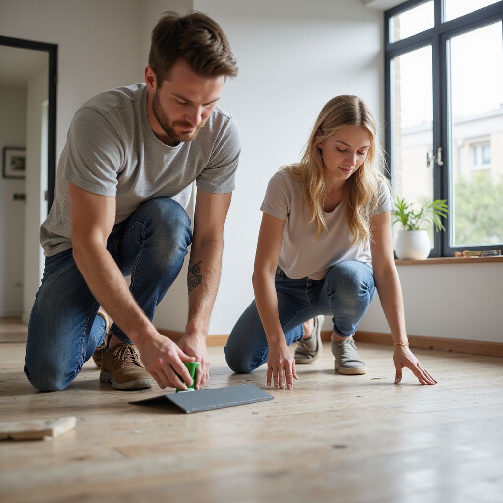 Couple installing flooring in a room with a window, kneeling on the floor.