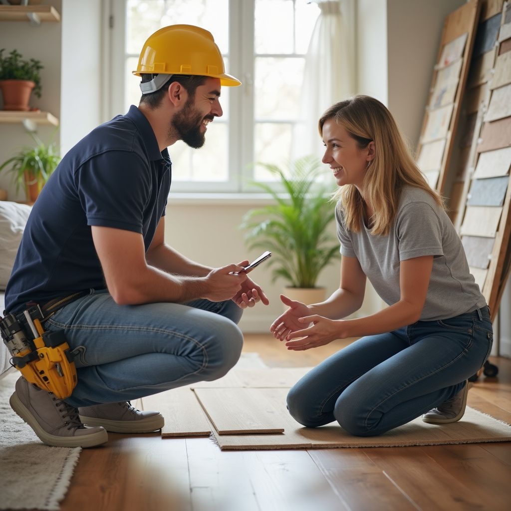 Man in hard hat and woman kneeling, discussing flooring options in a home setting.