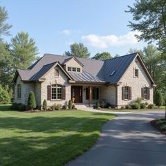 Beige brick house with brown shutters, a porch, and a driveway on a grassy lawn.