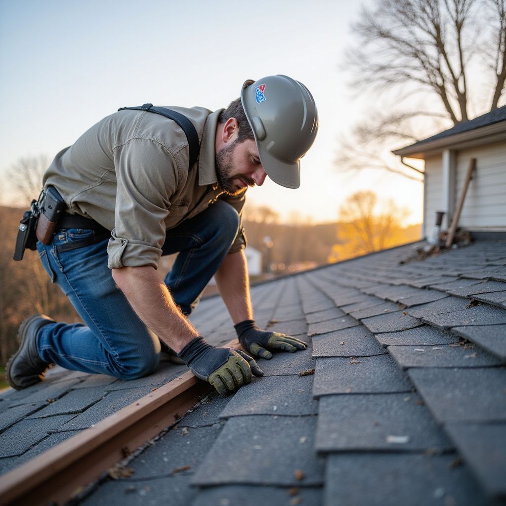 Man in hard hat inspecting roof shingles.