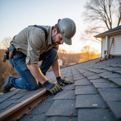 Man in hard hat inspecting roof shingles.