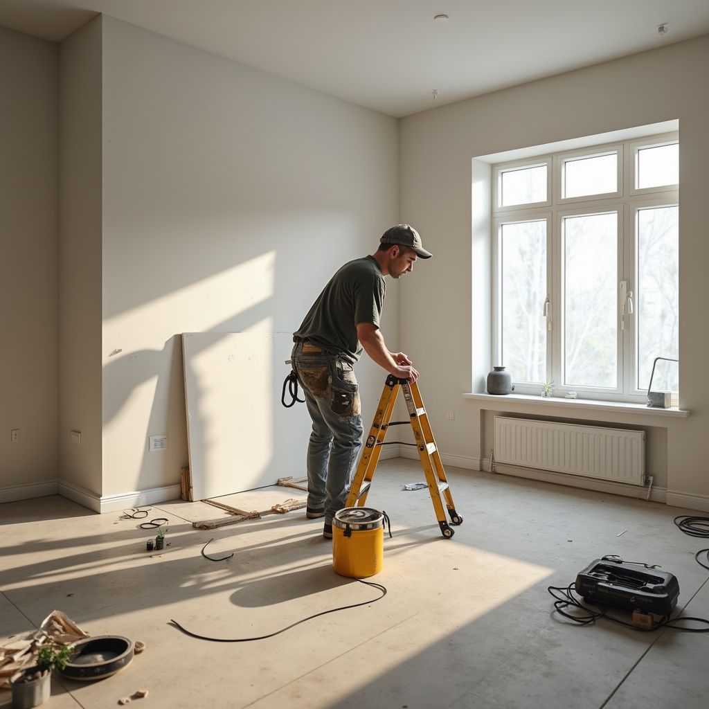 A person on a ladder in a room under renovation, with tools and materials on the floor.