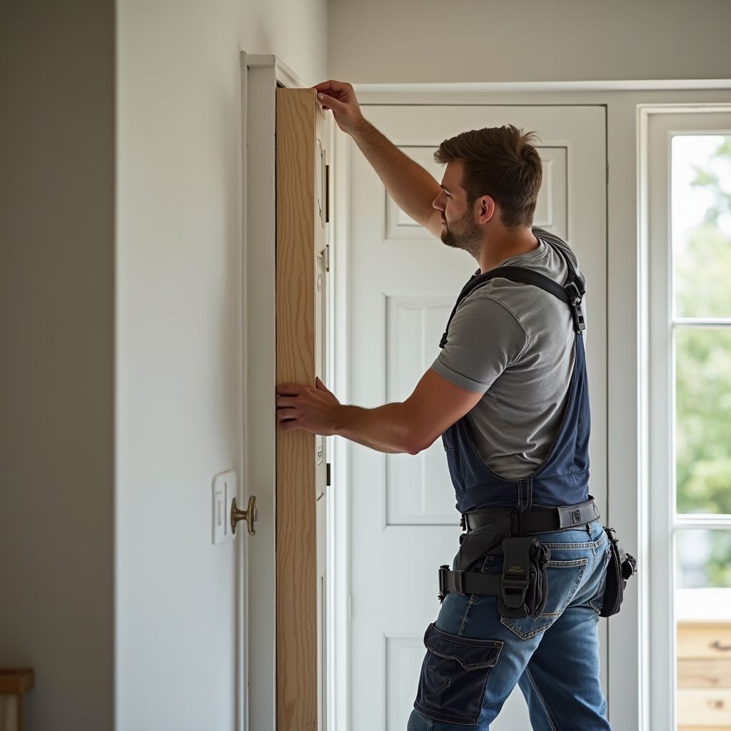 A carpenter installing a wooden door in a doorway; inside.